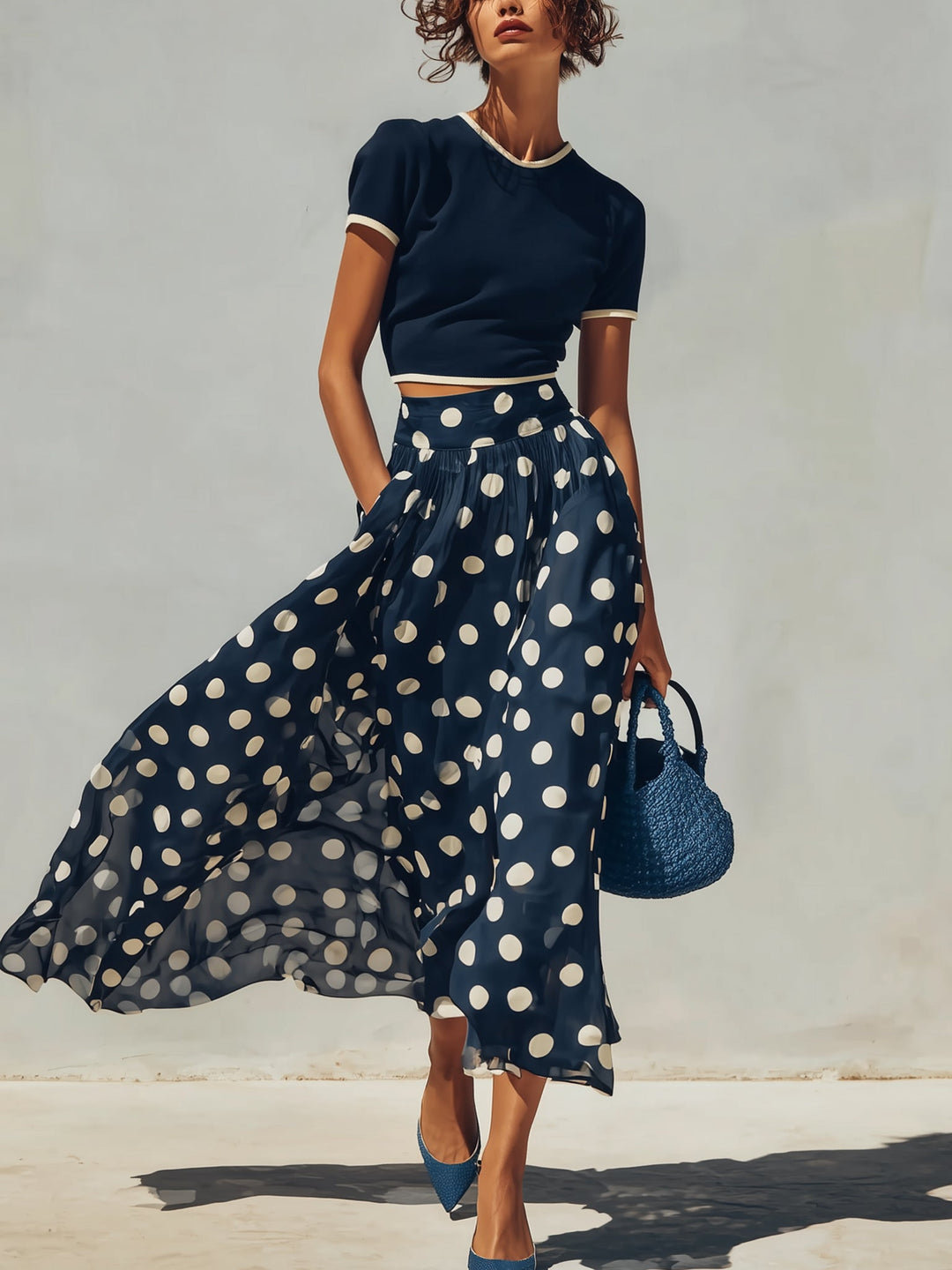 Navy Blue Short-Sleeved Top And Polka Dot Chiffon Skirt Set