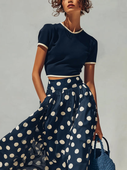 Navy Blue Short-Sleeved Top And Polka Dot Chiffon Skirt Set