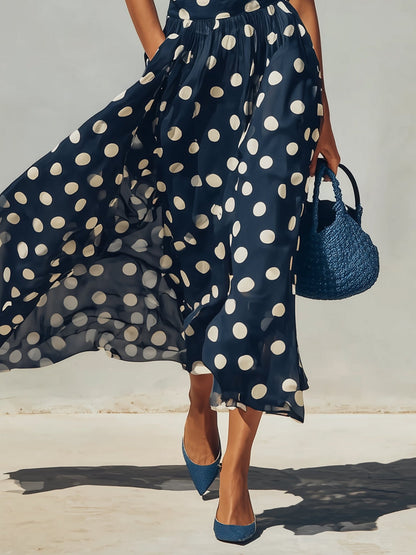 Navy Blue Short-Sleeved Top And Polka Dot Chiffon Skirt Set