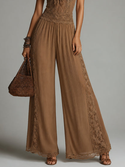 Brown Boho Lace-Trimmed Ruffled-Sleeve Chiffon Wide-Leg Jumpsuit