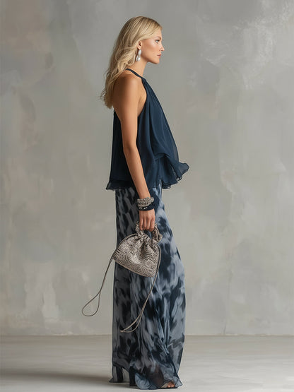 Serena | Completo elegante in chiffon con top a collo alto e pantalone a fantasia a gamba larga