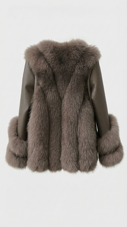 Esker – Fox Fur and Genuine Leather Classic Coat Brown
