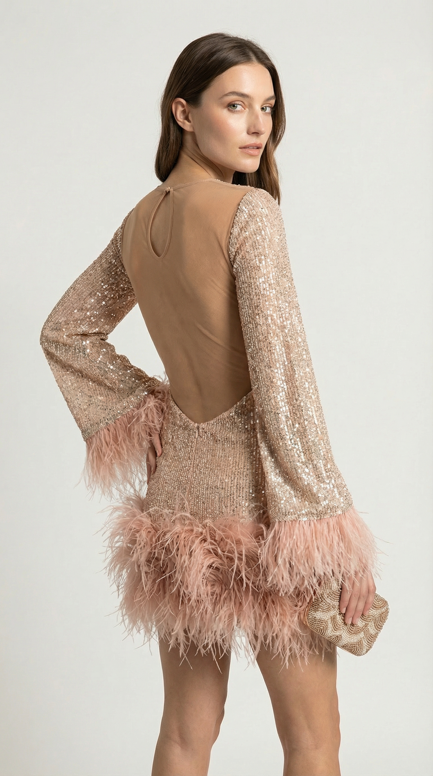 Caspyano - Short Dress with Large Open Back and Feather Accents
