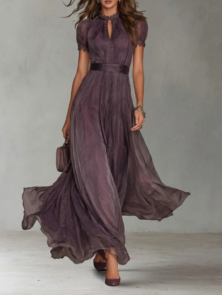 Flavia - Abito lungo viola con scollo a goccia e bordo in pizzo di chiffon