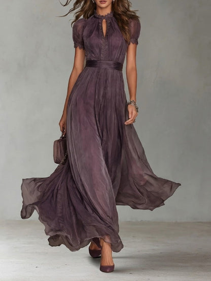 Flavia - Abito lungo viola con scollo a goccia e bordo in pizzo di chiffon