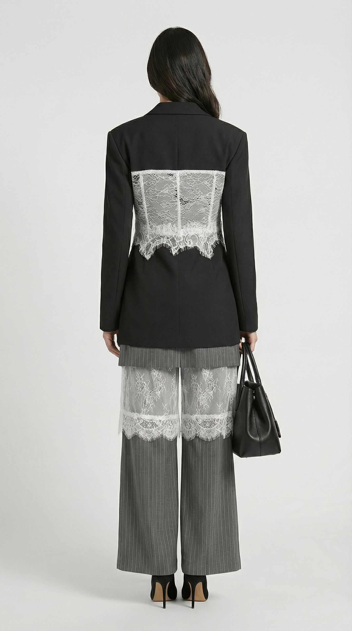 Boreal - Spliced Lace Slimming Blazer for with V Collar and Long Sleeves