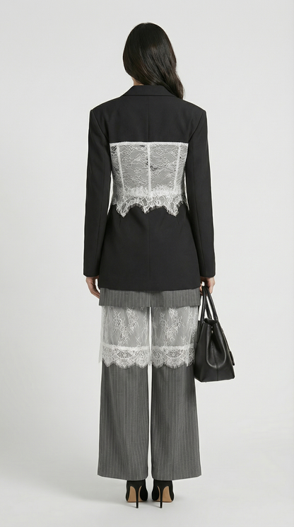 Boreal - Spliced Lace Slimming Blazer for with V Collar and Long Sleeves