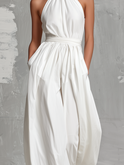 Fiamma | Elegante tuta bianca in tessuto intrecciato con collo halter senza maniche