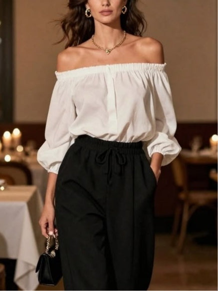 Off-the-Shoulder White Shirt and Black Trousers Set