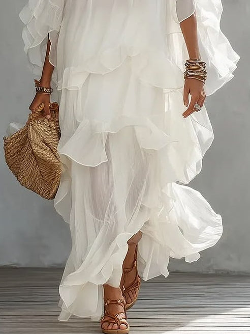 Completo Top Batwing Bianco e Gonna Arricciata in Chiffon