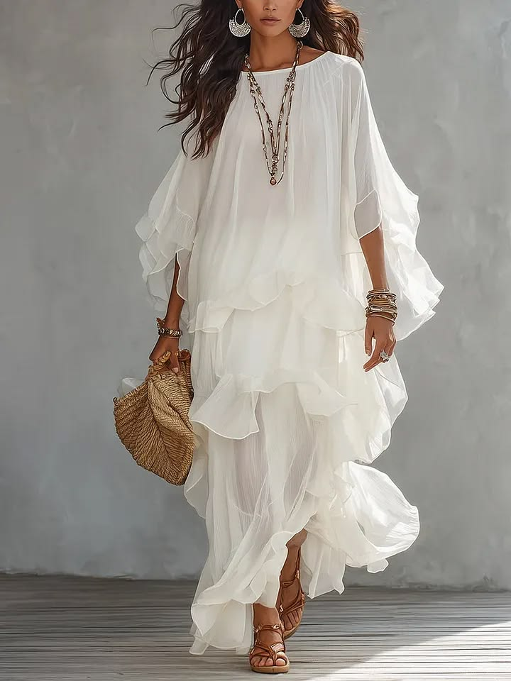 Completo Top Batwing Bianco e Gonna Arricciata in Chiffon