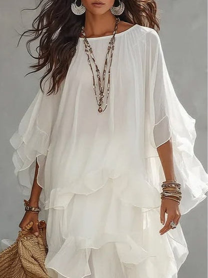 Completo Top Batwing Bianco e Gonna Arricciata in Chiffon
