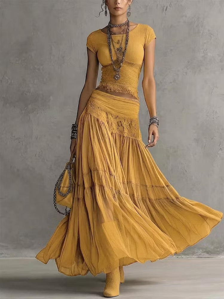 Yellow Sheer Lace-Paneled Top and Pleated Maxi Skirt Set