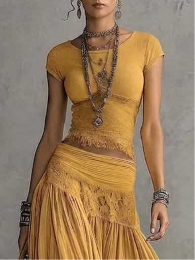 Yellow Sheer Lace-Paneled Top and Pleated Maxi Skirt Set