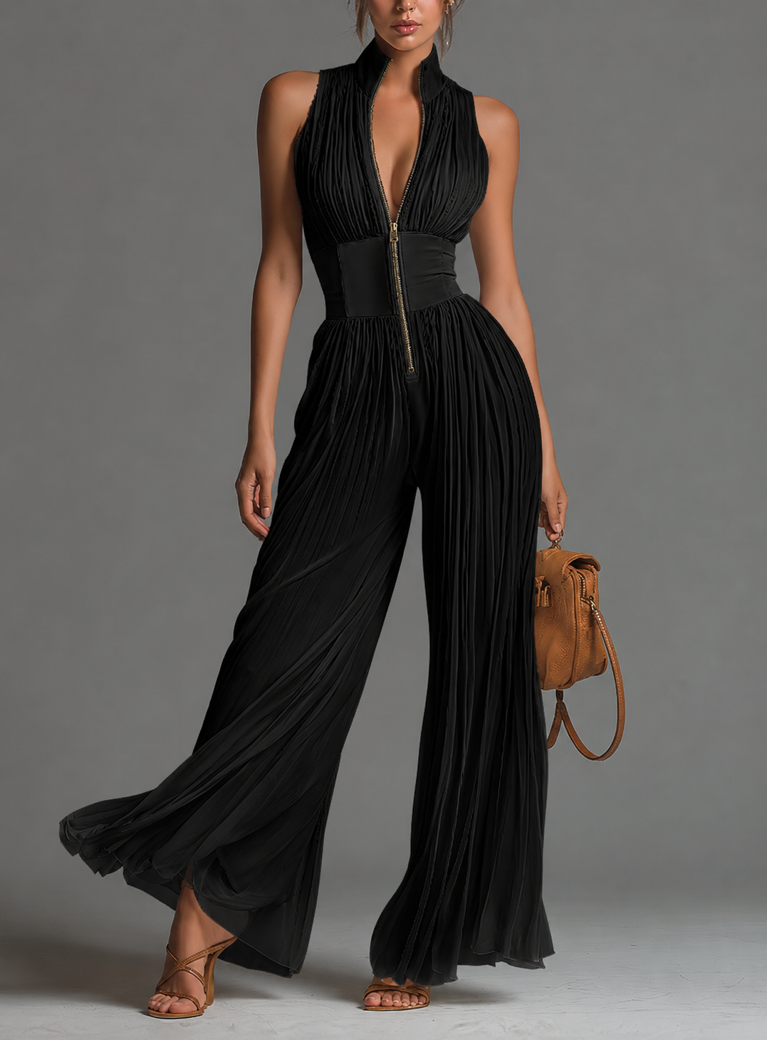 Valentina | Tuta plissettata in chiffon nero con maniche a kimono