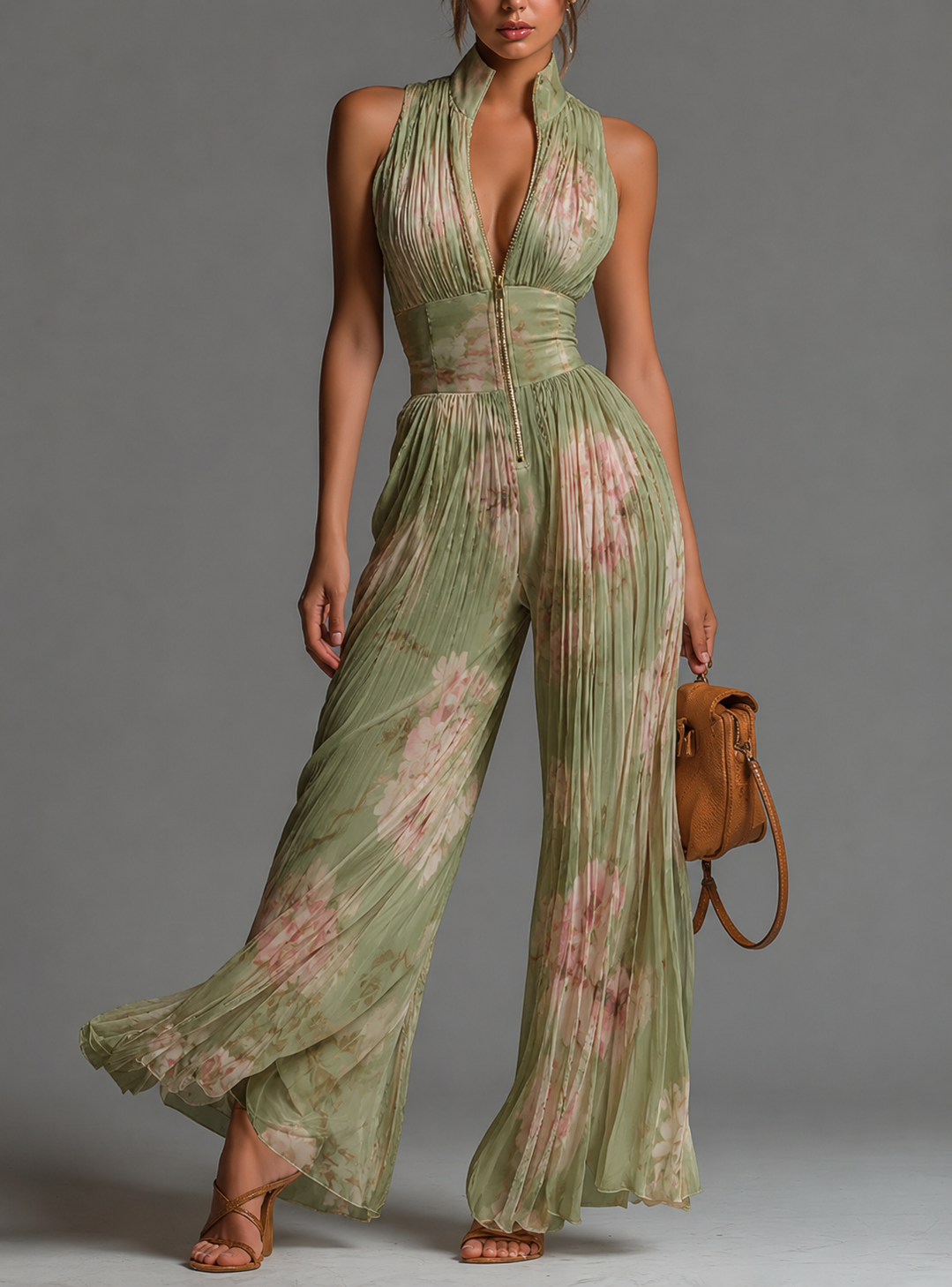 Valentina | Tuta plissettata in chiffon verde salvia floreale con maniche a kimono