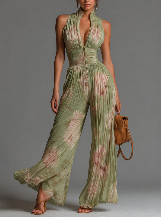 Valentina | Tuta plissettata in chiffon verde salvia floreale con maniche a kimono