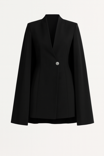 Larienne - Cape Dress with Deep V-Neckline and Statement Button Black