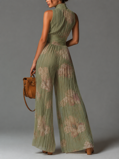Valentina | Tuta plissettata in chiffon verde salvia floreale con maniche a kimono