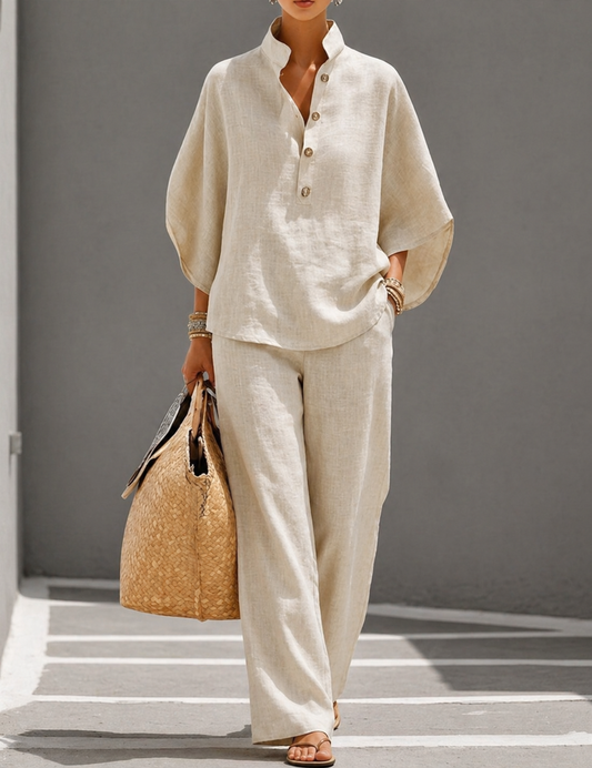 Mariel | Insieme Cotone Lino Maniche Pipistrello Pantalone Largo