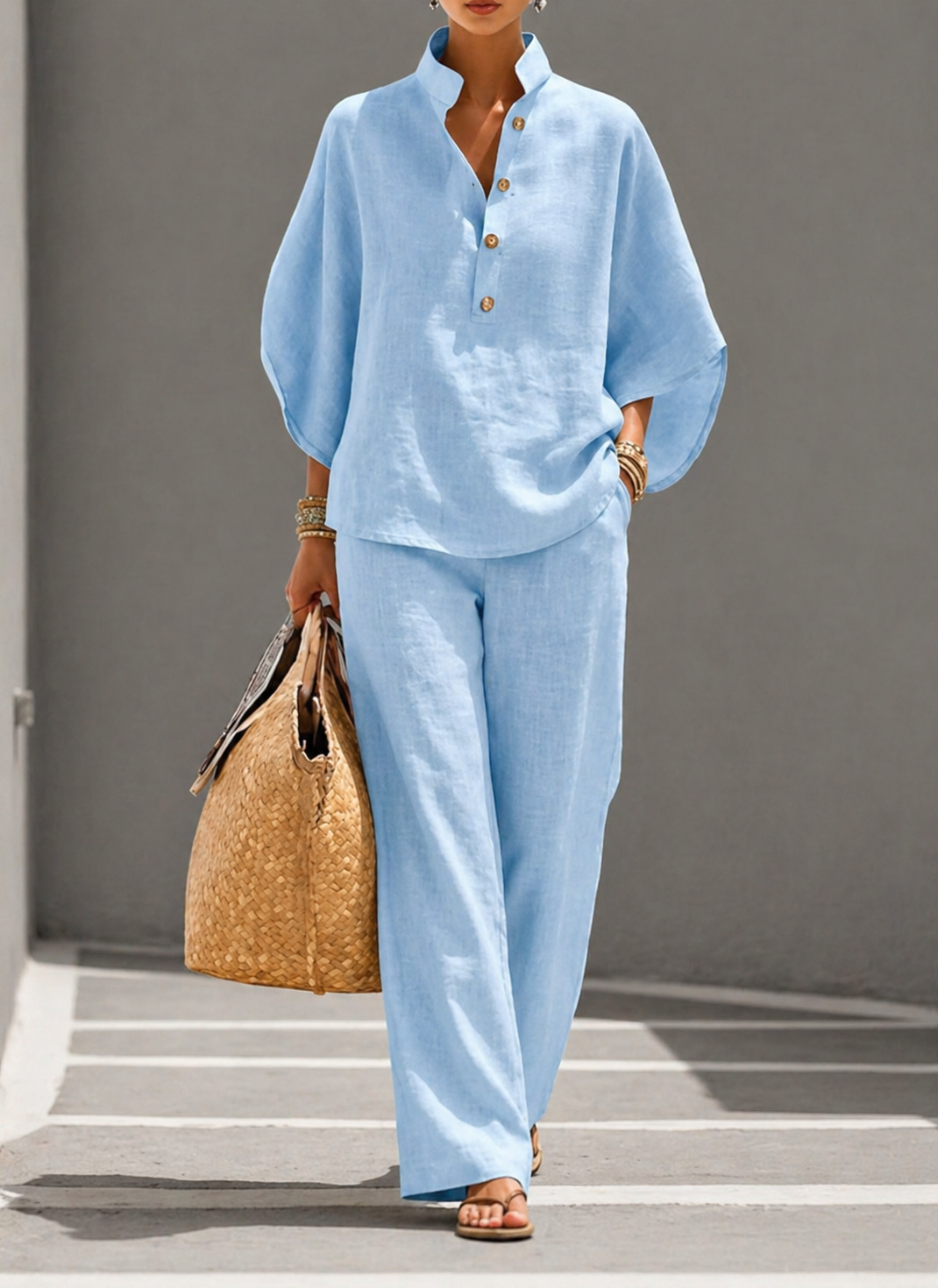 Mariel | Insieme Cotone Lino Maniche Pipistrello Pantalone Largo