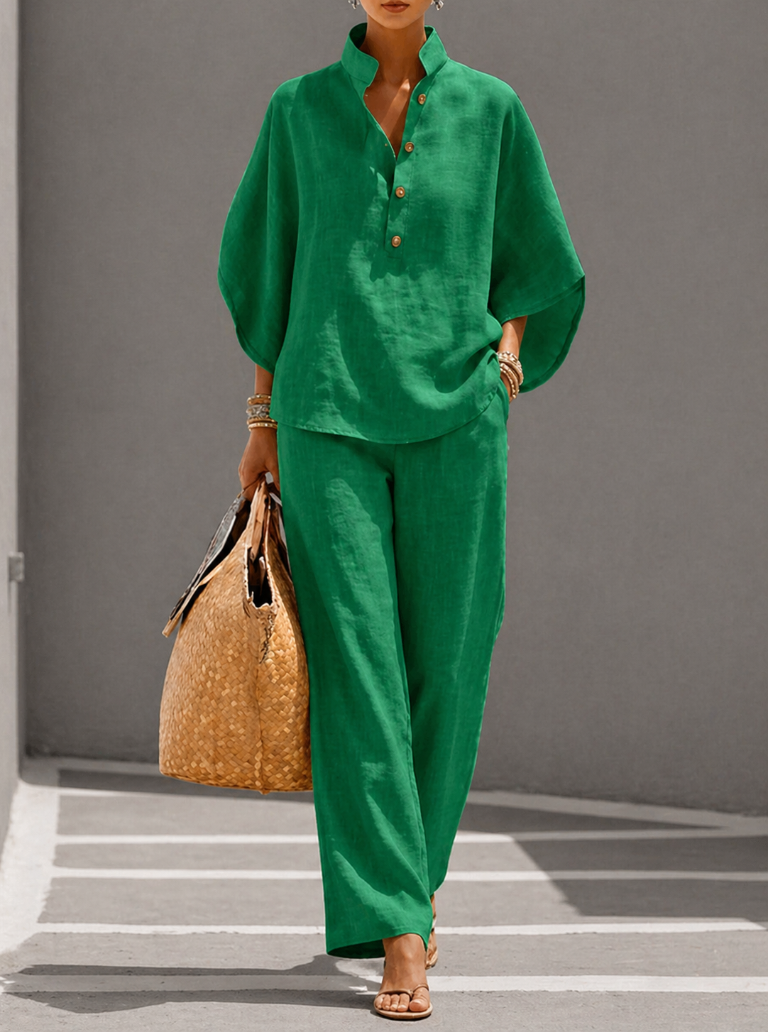 Mariel | Insieme Cotone Lino Maniche Pipistrello Pantalone Largo