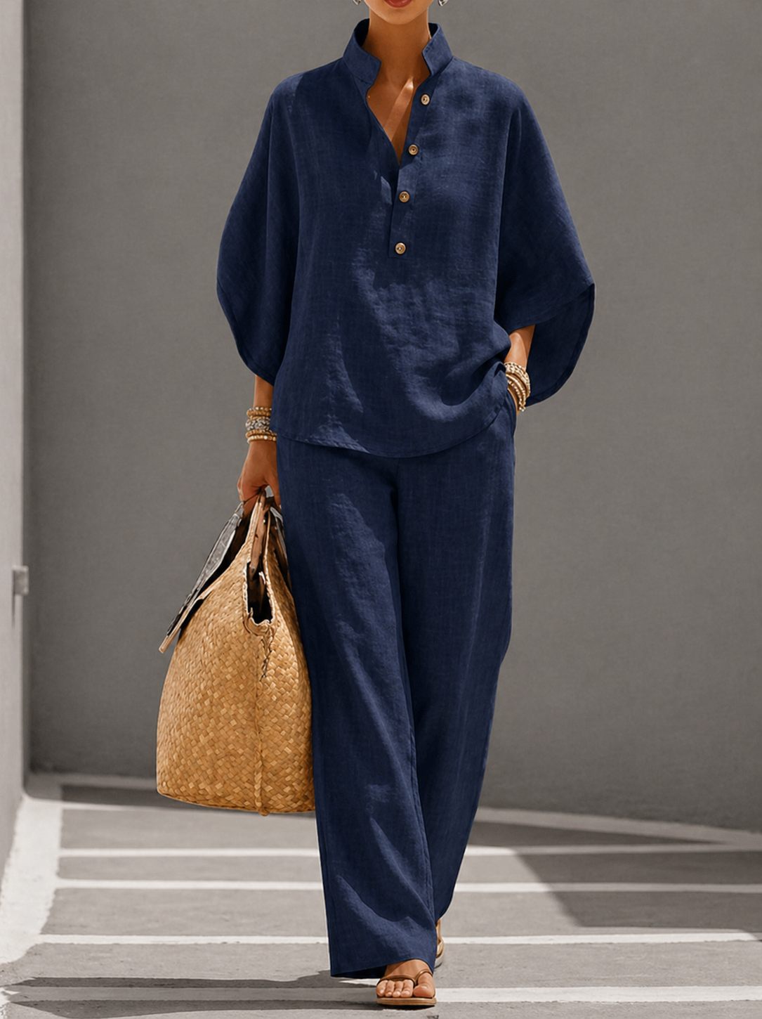 Mariel | Insieme Cotone Lino Maniche Pipistrello Pantalone Largo