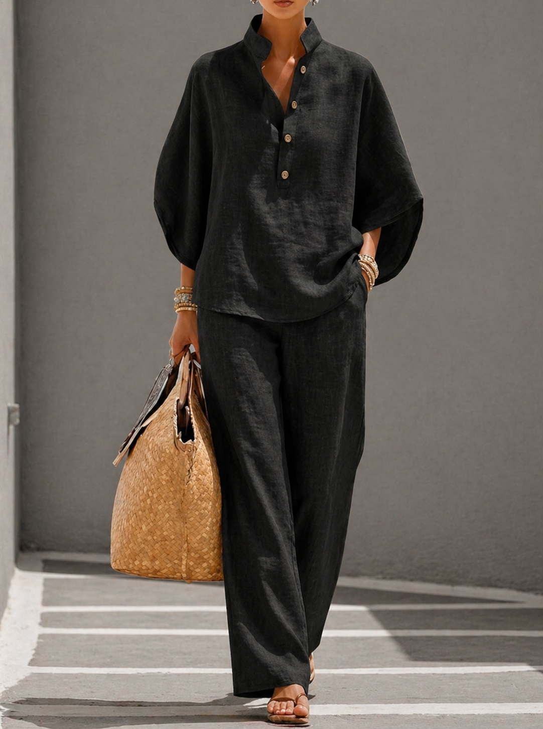 Mariel | Insieme Cotone Lino Maniche Pipistrello Pantalone Largo