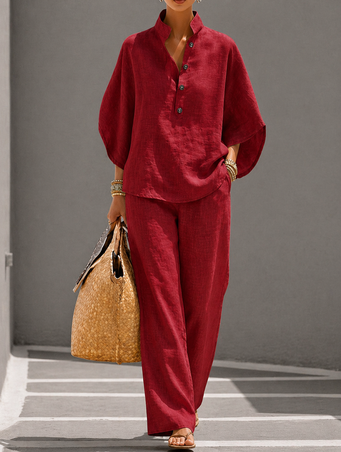 Mariel | Insieme Cotone Lino Maniche Pipistrello Pantalone Largo