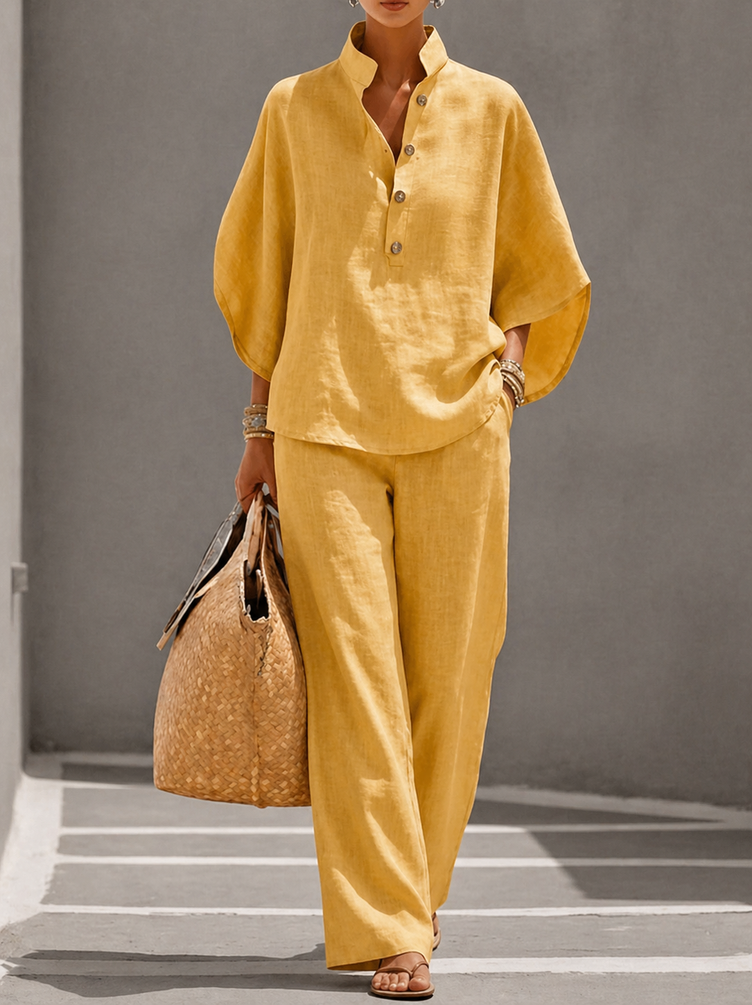 Mariel | Insieme Cotone Lino Maniche Pipistrello Pantalone Largo