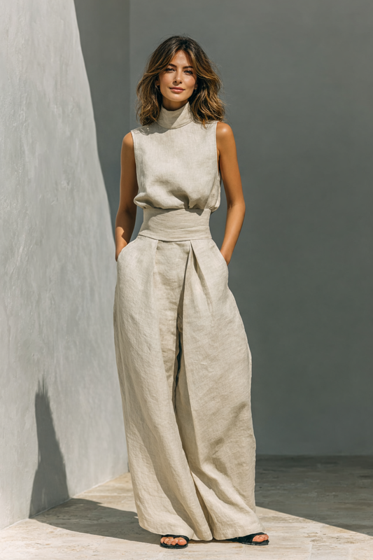 Antonella | Completo di canotta e pantaloni larghi in cotone e lino minimalista per donna