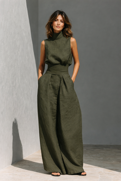 Antonella | Completo di canotta e pantaloni larghi in cotone e lino minimalista per donna