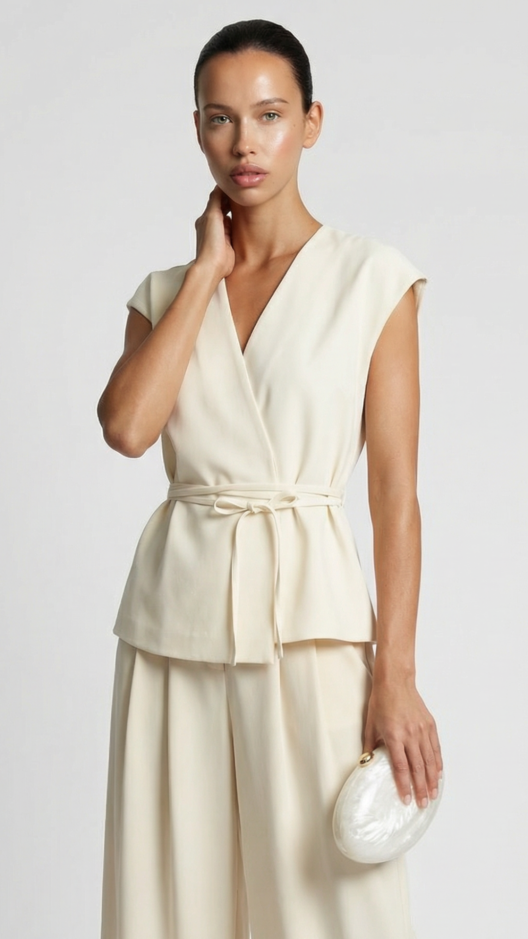 Epure - V-Neck Belted Sleeveless Top Ivory