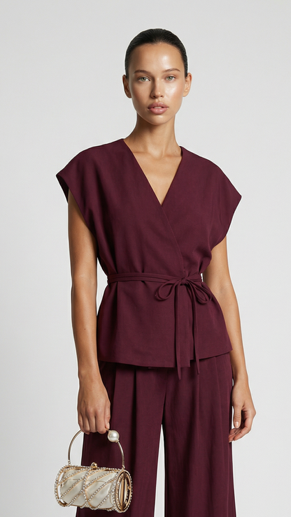 Epure - V-Neck Belted Sleeveless Top Burgundy