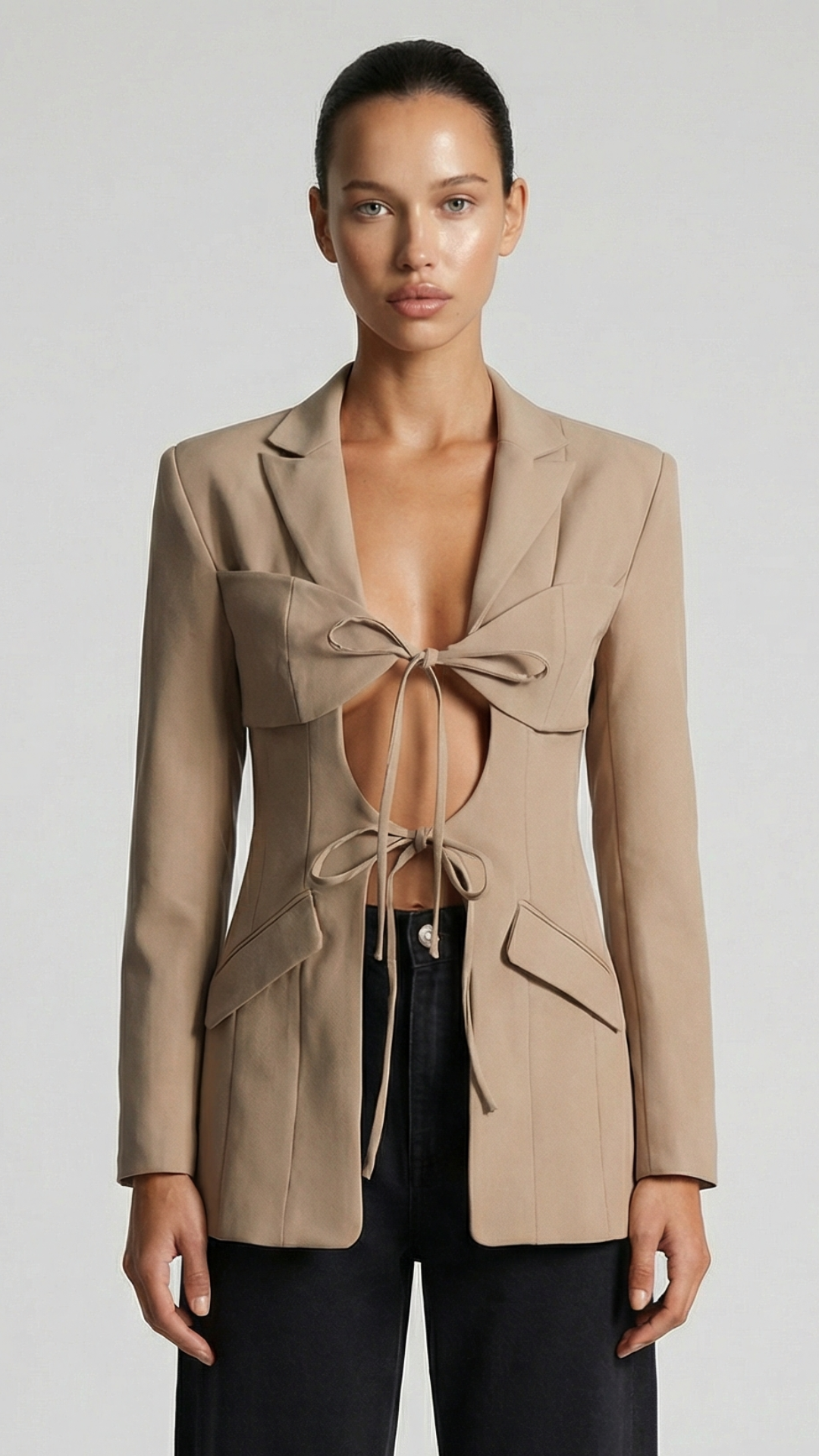 Valier - Architectural Cut-Out Lace-Up Blazer Top Beige