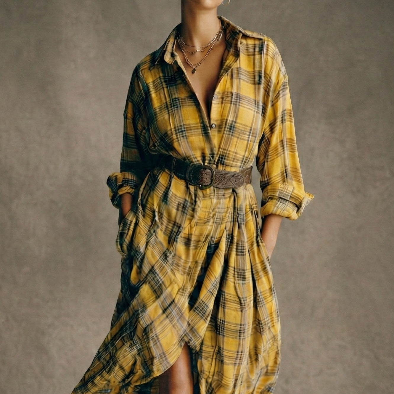 Caterina | Cappotto chemisier Quadri con vita