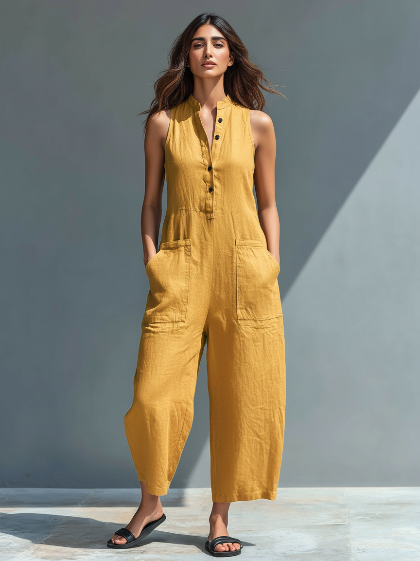 Salopette sans manches en lin mélangé minimaliste pour femme avec col montant et boutons