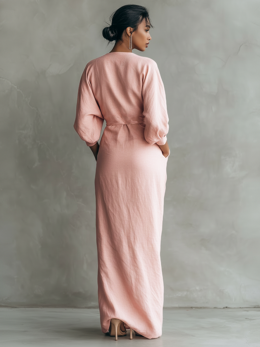 Abito lungo minimalista rosa con scollo a V in misto lino da donna