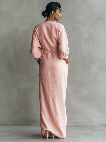 Abito lungo minimalista rosa con scollo a V in misto lino da donna