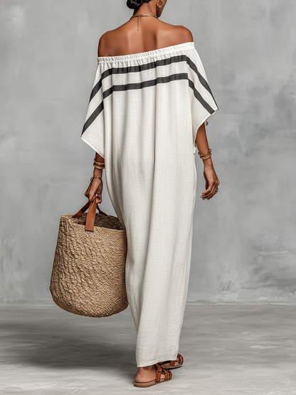Abito lungo minimalista in lino da donna con scollo off-the-shoulder e maniche a pipistrello