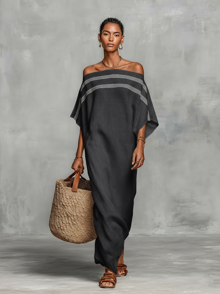 Abito lungo minimalista in lino da donna con scollo off-the-shoulder e maniche a pipistrello