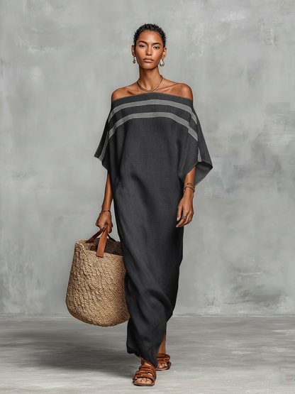 Abito lungo minimalista in lino da donna con scollo off-the-shoulder e maniche a pipistrello