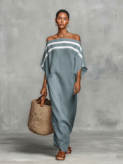 Abito lungo minimalista in lino da donna con scollo off-the-shoulder e maniche a pipistrello