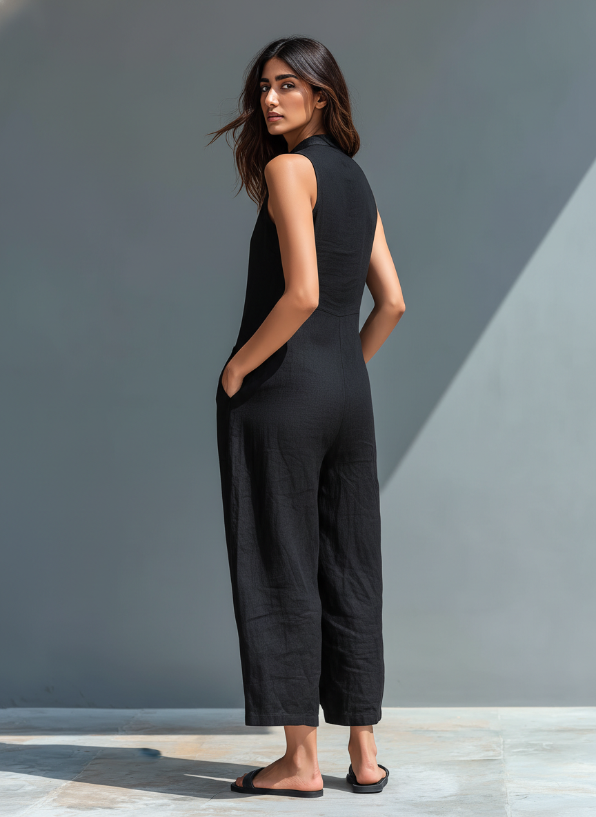 Salopette sans manches en lin mélangé minimaliste pour femme avec col montant et boutons