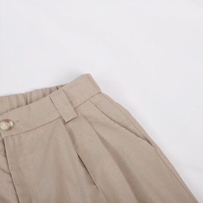 Classic V-neck Pleated Cotton and Linen Wide-leg Pants Suit