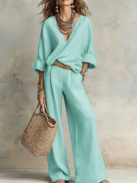 Casual Mint Blue V-Neck Top and Trousers Set(Belt included)