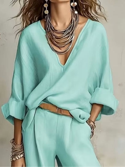 Casual Mint Blue V-Neck Top and Trousers Set(Belt included)