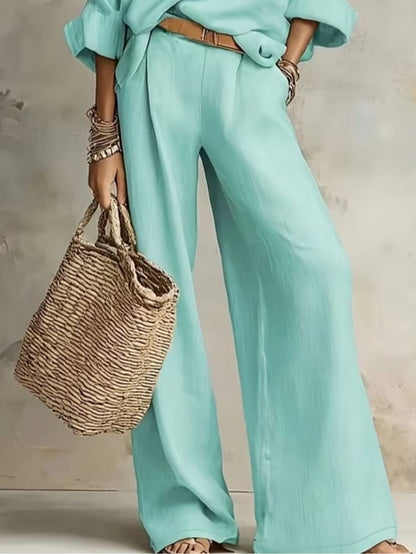 Casual Mint Blue V-Neck Top and Trousers Set(Belt included)