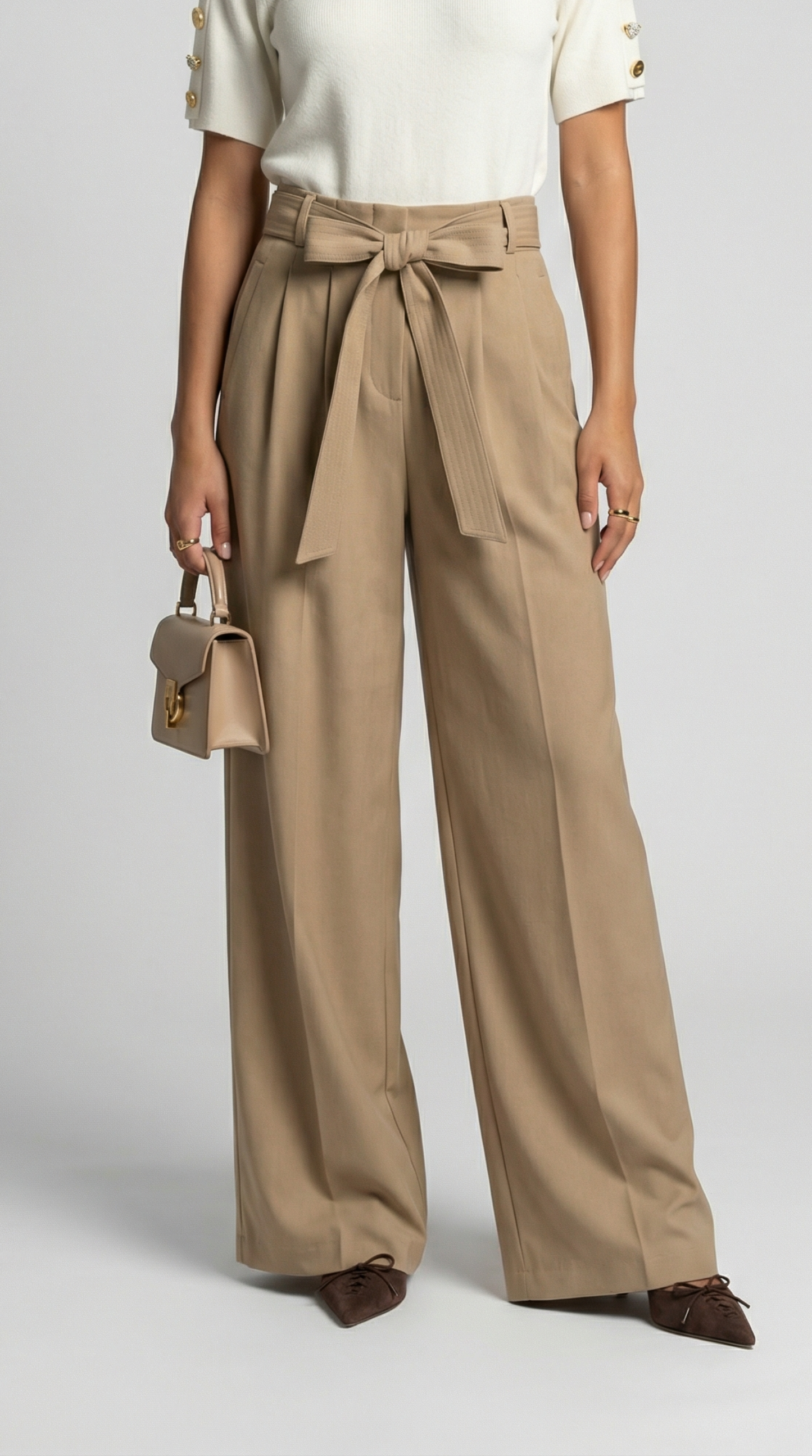 Nalo - Tie-Strap Pleated Wide-Legs Beige