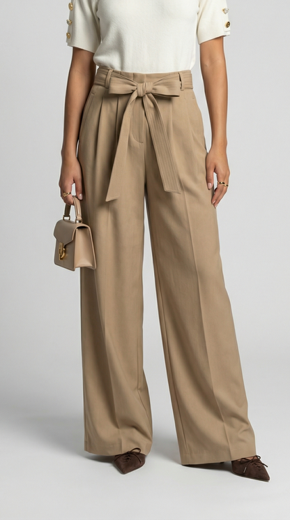 Nalo - Tie-Strap Pleated Wide-Legs Beige